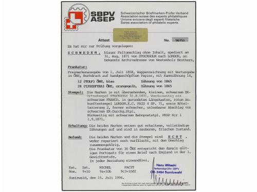 ✉ SUECIA. 1871. Wrapper to London franked 12 & 24 ore tied b