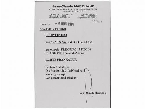 ¿ SUIZA. Yv. 36,41. 1864. FRIBOURG a NEW YORK. 10 rp. azul y