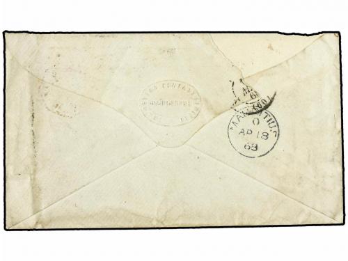 ¿ MAURICIO. 1868. MAURITIUS a PARIS. 4 p. rosa, seis sellos