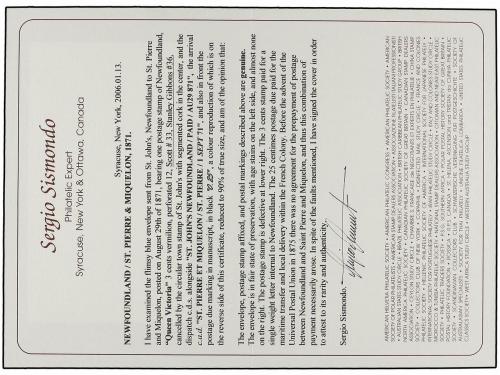 ✉ SAN PEDRO Y MIQUELON. 1871 (Aug 29). ST. JOHN'S to ST. PIE