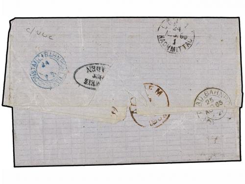 ¿ SUIZA. 1865 (Aug 24). Entire letter to Arnhem with three c