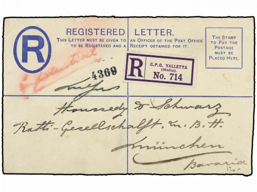 ✉ MALTA. 1912 (Nov). 2d. blue registered stationery envelope