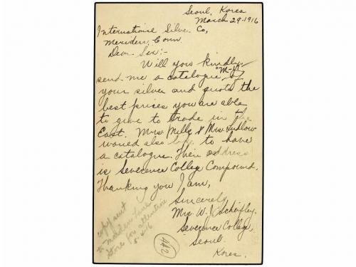 ✉ COREA. 1916. 4sn. postal stationery card to MERIDEN, CT (U