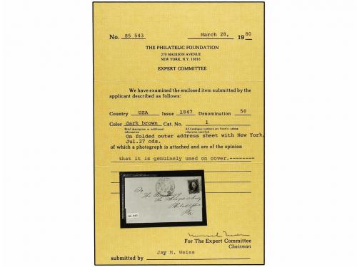 ✉ ESTADOS UNIDOS. 1847. 5c. deep dark brown, a fine four mar