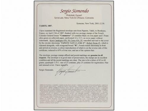 ✉ TAHITI. 1887 (April 13). Registered cover to Bordeaux fran