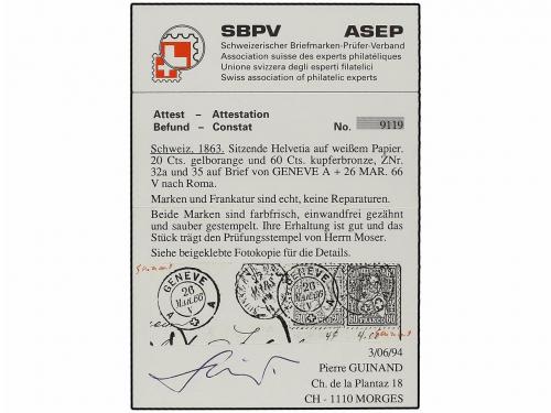 ¿ SUIZA. 1866 (March 26). Cover from Geneva to Rome franked