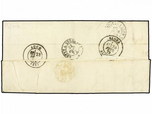 ✉ ARGELIA. 1872. ROVIGO a FRANCIA. 25 cts. azul, mat. rombo 