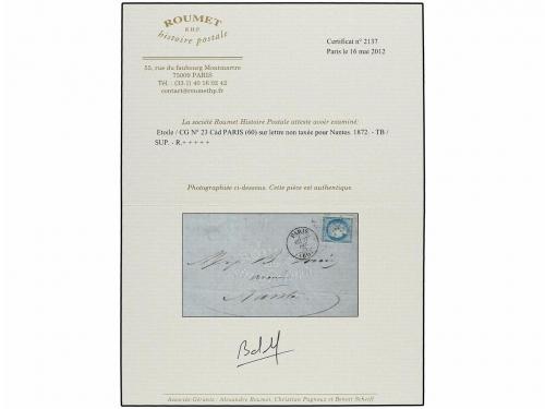 ✉ FRANCIA. 1872. PARIS a NANTES. Circulada con sello de 25 c