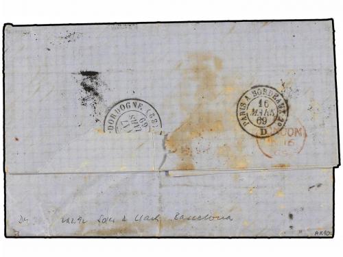 ¿ PERU. 1869. TACNA a FRANCIA.1 dinero verde (2), marca de i