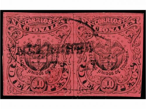 ° COLOMBIA. 1868-77. 10 pesos negro s. rosa. 4 sellos y 2 pa