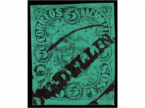 ° COLOMBIA. 1868-77. 5 pesos negro s. verde. 4 ejemplares en