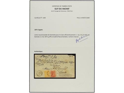 ✉ EGIPTO. 1874. DAMIATA to CAIRO. 1 pi. red and 2 pi. yellow