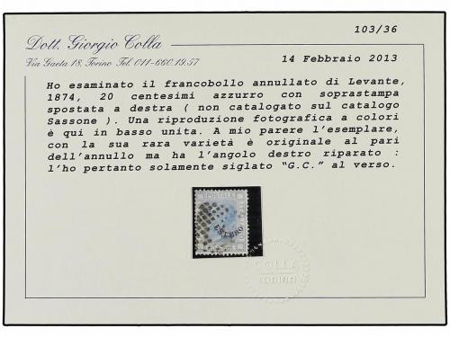 ° COLONIAS ITALIANAS. 1874. ESTERO. 20 cts. azul. HABILITACI