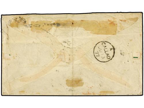 ✉ PERU. 1877. CALLAO a LONDRES. Circulada con una tira de tr