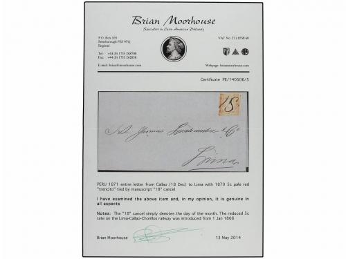 ✉ PERU. 1871 (18 Dic.). CALLAO a LIMA. 5 cts. rojo pálido. M