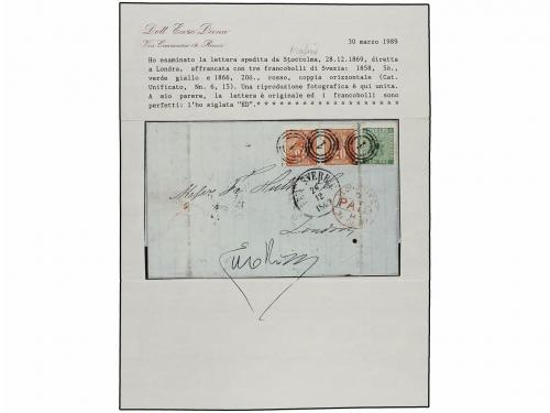 ✉ SUECIA. 1869. MOLMO to LONDON. 5 ore green and 20 ore red 