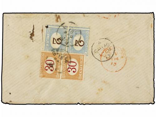 ✉ PERU. 1873. CALLAO a GÉNOVA (Italia). 1 dinero verde (2). 