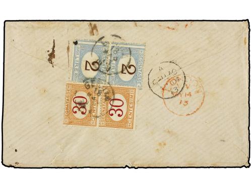 ✉ PERU. 1873. CALLAO a GÉNOVA (Italia). 1 dinero verde (2). 