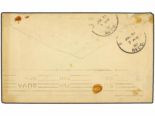 ✉ FIJI. 1911. LABASA to U.S.A. 1 p. red, taxed on arrival wi