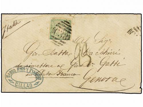 ✉ PERU. 1873. CALLAO a GÉNOVA. 1 dinero verde. Mat. de la B.