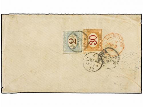 ✉ PERU. 1873. CALLAO a GÉNOVA. 1 dinero verde. Mat. de la B.
