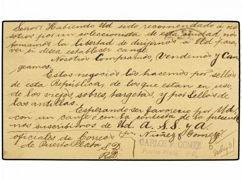 ✉ REPUBLICA DOMINICANA. 1885. PUERTO PLATA a USA. Entero Pos