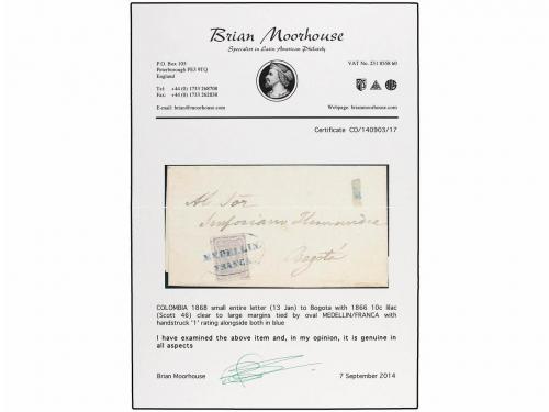 ✉ COLOMBIA. Sc. 46. 1868 (13 Enero). MEDELLIN a BOGOTÁ. 10 c