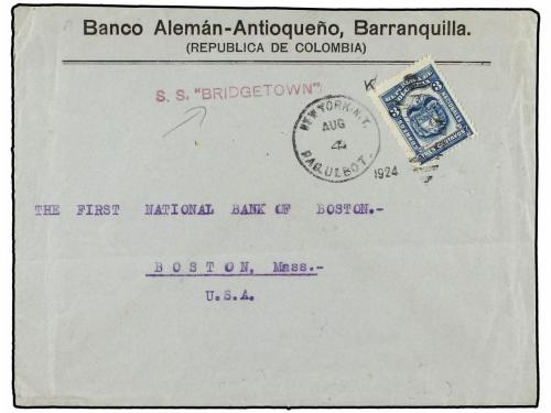 ✉ COLOMBIA. 1924. BARRANQUILLA a U.S.A. 3 ctvos. azul, mat. 