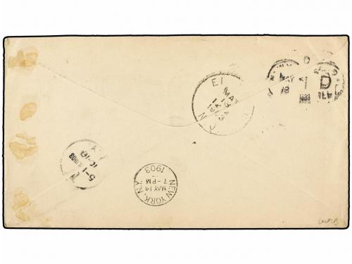 ✉ COLOMBIA. 1903. Circulada a USA. 2 ctvos. verde (3), 5 ctv