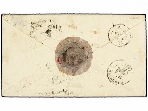 ¿ PERU. 1871. LIMA a FRANCIA. 1 dinero verde y sellos de GB