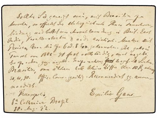 ✉ BRASIL. 1892. RIO DE JANEIRO a MADRAS (India). Entero Post