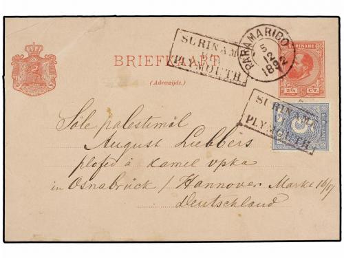 ✉ SURINAM. 1892. PARAMARIBO a ALEMANIA. Entero Postal de 2 1