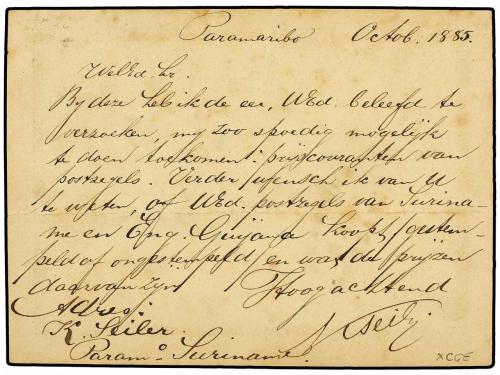 ✉ SURINAM. 1885 (18 Octubre). PARAMARIBO a HOLANDA. Tarjeta 