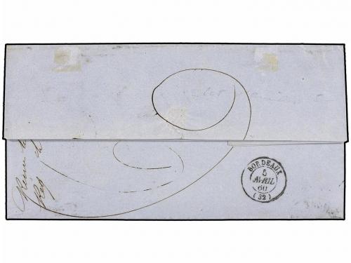 ✉ INDIA. 1860 (29-Febrero). PONDICHERY a BORDEAUX. Fechador 