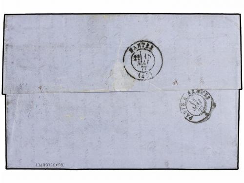 ✉ GUADALUPE. 1877. POINTEA PITRE a FRANCIA. 40 cts. naranja 