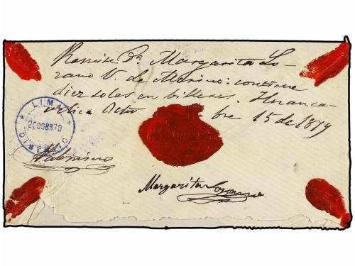 ¿ PERU. 1879. HUANCAVELICA a LIMA. 20 cts. carmín (2), marca