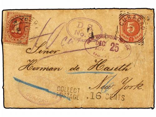 ✉ CURACAO. 1892. CURAÇAO to NEW YORK. 5 cent. red, taxed on 