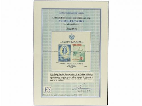 ** CUBA. Ed. 673. 1956. Hojita bloque COLOR ROJO DESPLAZADO