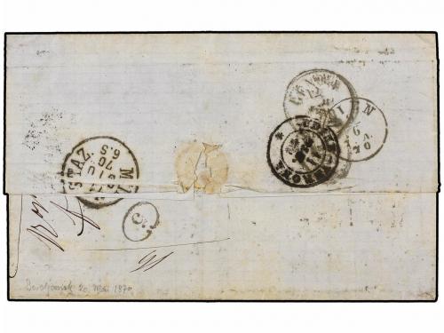 ✉ RUSIA. 1870. BERDIANSK to GENOVA. Via Odessa, taxed on arr