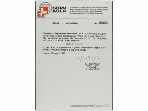 ✉ ITALIA: TRENTE Y TRIESTE. Sa. 74. 1918. KARDAUN a BOLZANO.