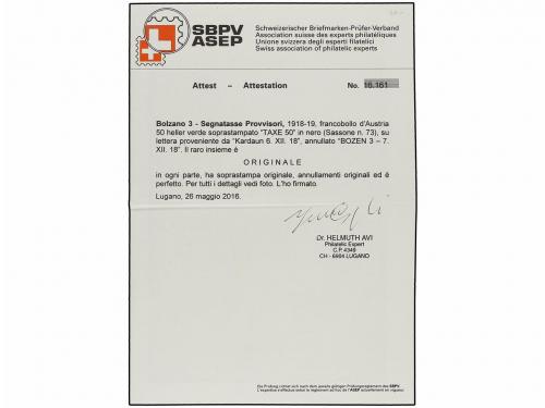 ✉ ITALIA: TRENTE Y TRIESTE. Sa. 73. 1918. KARDAUN a BOLZANO.