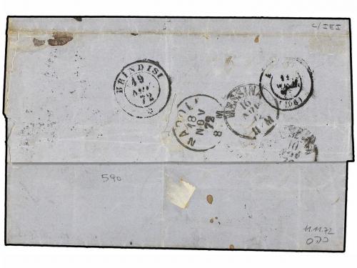 ✉ ITALIA. 1872. MILAN a CORFU. 20 cent. azul (2) tasada a la