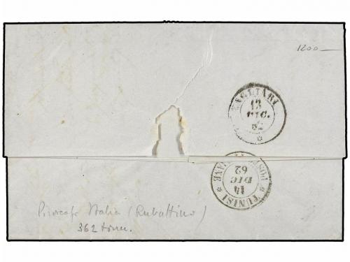 ✉ ITALIA. Sa. 2a (3). 1862. LIVORNO A TÚNEZ. 20 cts. azul (3