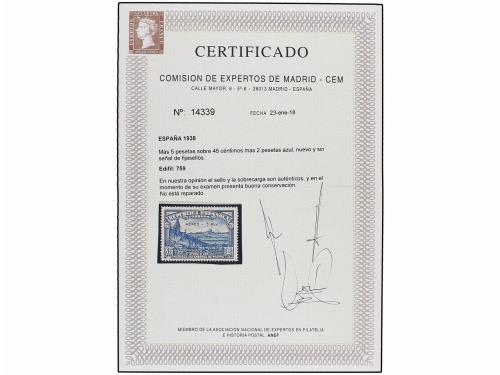 ** ESPAÑA. Ed. 759. Aéreo + 5 pts. azul. LUJO. Cert. CEM. Ca