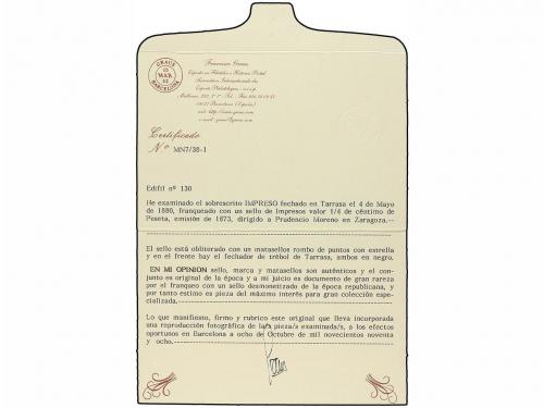 ✉ ESPAÑA. Ed. 130. 1880. TARRASSA a ZARAGOZA. 1/4 cto. verde