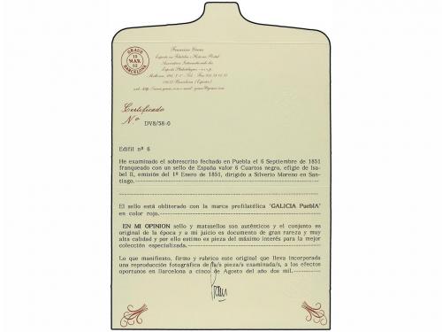 ¿ ESPAÑA. Ed. 6. 1851. PUEBLA a SANTIAGO. 6 cuartos negro, b