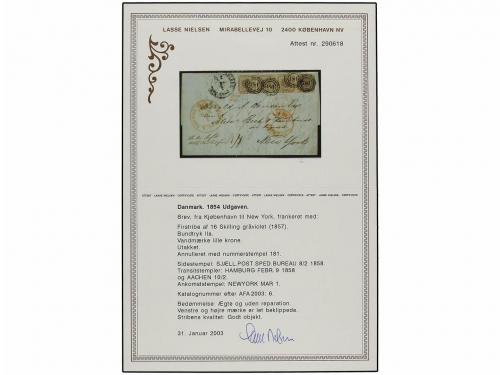 ¿ DINAMARCA. 1858. COPENAGUE a NEW YORK. 16 sk. violeta tira