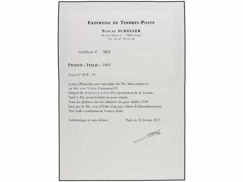 ✉ FRANCIA. 1869. MARSELLA a TUNIS. 20 cts. azul (2) y sello 