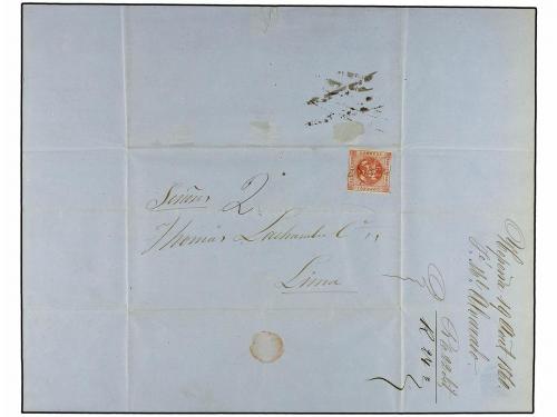 ¿ PERU. 1860 (19 Agosto). NEPEÑA a LIMA. 1 peseta rosa. Mat.