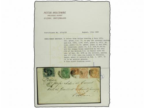 ✉ PERU. 1874. CALLAO a VALENCIA (España). Circulada con sell